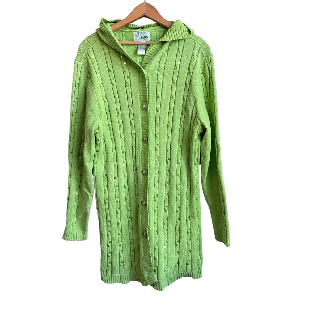 The Quacker Factory Lime Green Sequin Cable Knit Hooded Cardigan Large